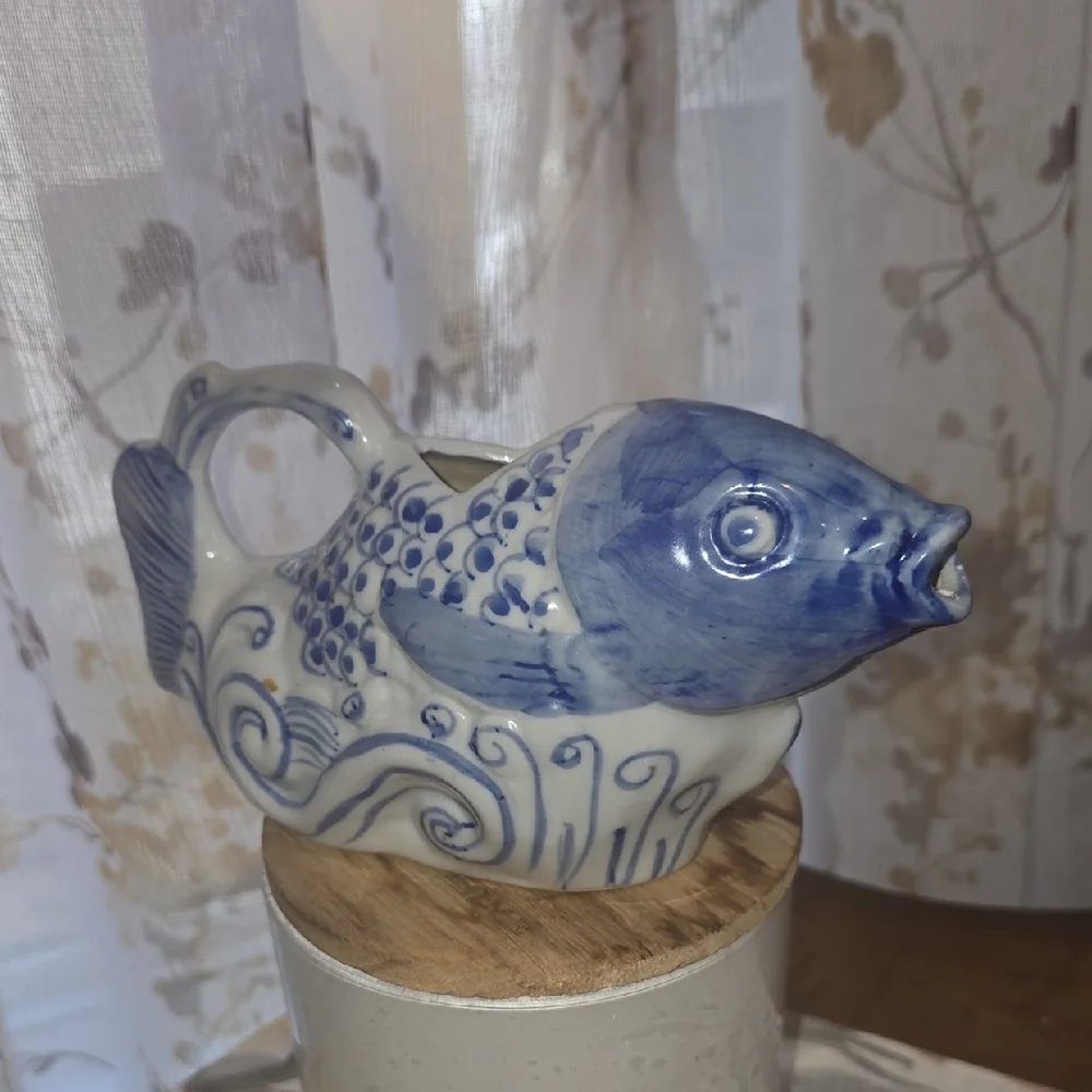 Blue Ceramic Fish-Shaped Water Pitcher